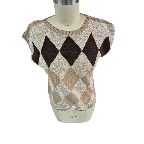 Vtg 80s Devon Harlequin Diamond  Pattern Sweater Heathered Beige/Brown  Sz M - Picture 2 of 4